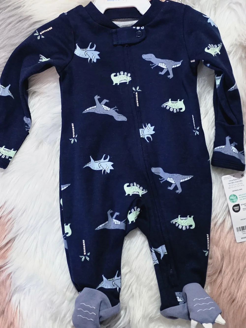 NCarter's Navy Dinosaur Footed One-Piece with Light Blue & Mint Prints NB OR 3 M